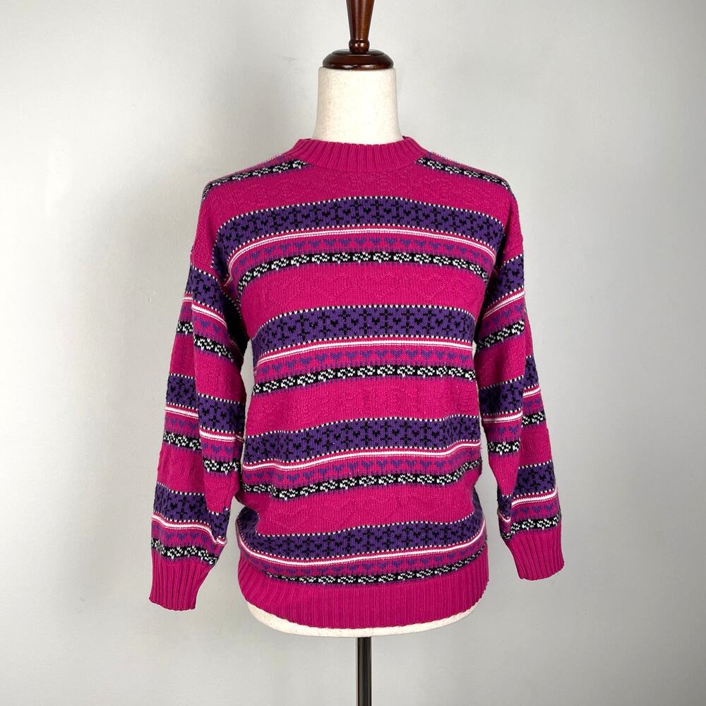 Vintage Fair Isle Nordic Knit Ski Sweater Womens M Pink Purple Heart 3D Textured